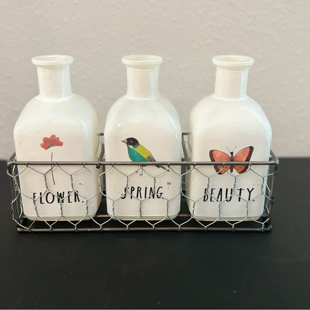 White Ceramic Vases with Wire Holder